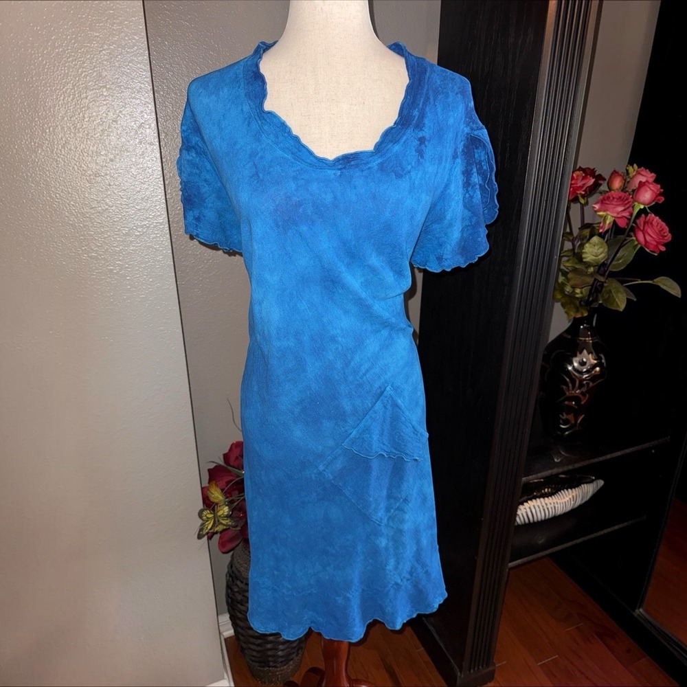 Oh My Gauze! Blue Cotton Lagenlook Midi Dress Sz 2 Relaxed Fit Blue Tie Dye